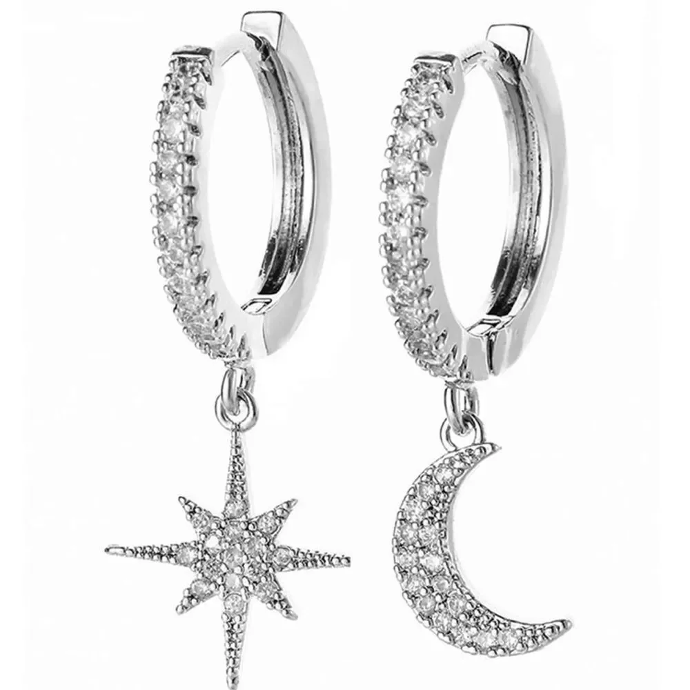 Silver Crescent Moon and Star Earrings R319